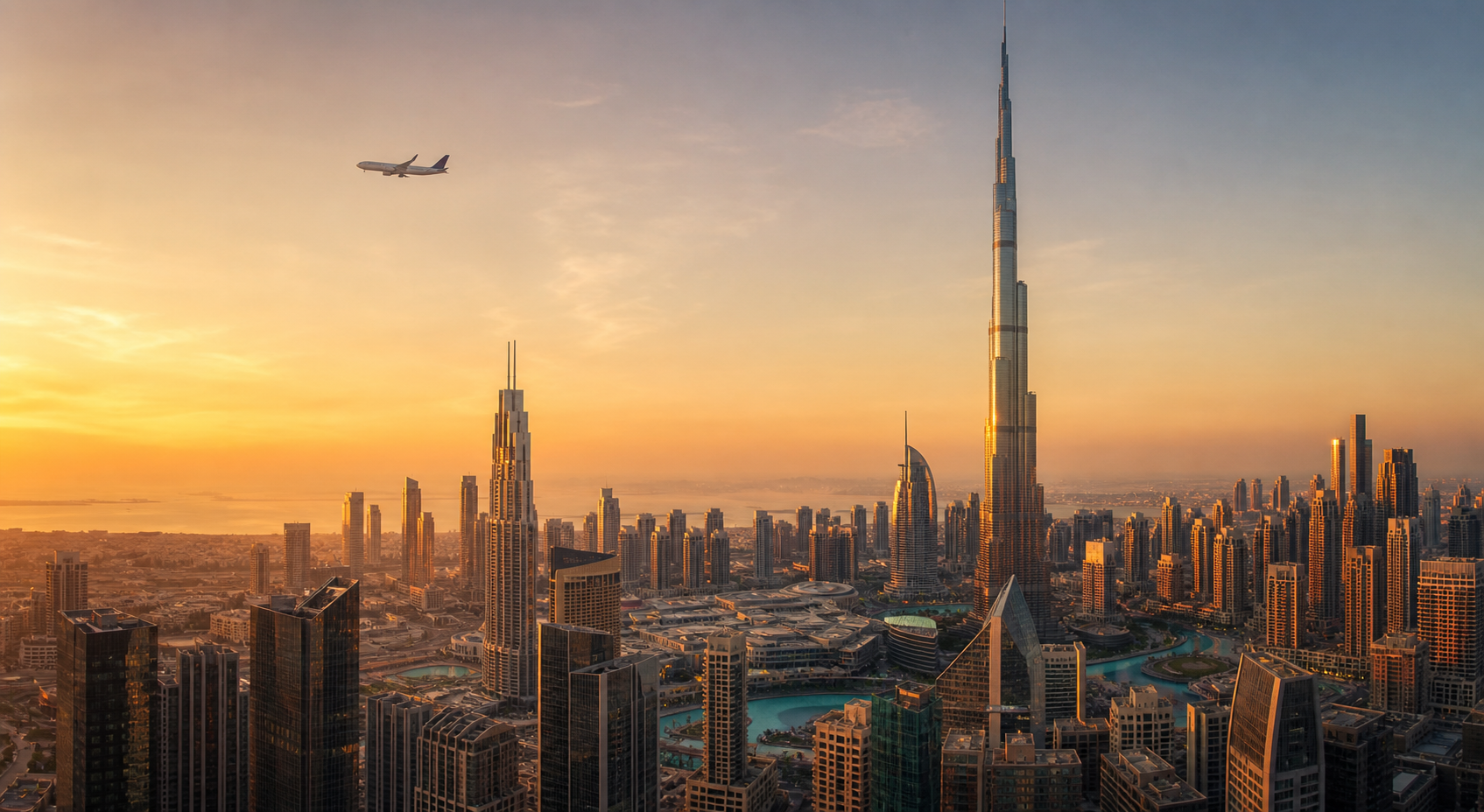Aircraft approaching the Dubai skyline